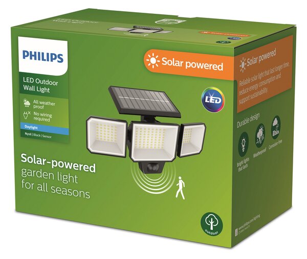 Philips LED solarna zidna svjetiljka Nysil, 3 žarulje, senzor, Crno, Plastika