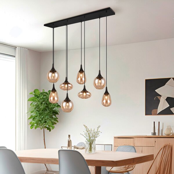 Trio Lighting Lumina viseća svjetiljka, 8 žarulja, crna/jantarna, staklo, prigušiva, Dnevni boravak/blagovaonica, Staklo