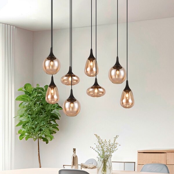Trio Lighting Lumina viseća svjetiljka, 8 žarulja, crna/jantarna, staklo, prigušiva, Dnevni boravak/blagovaonica, Staklo