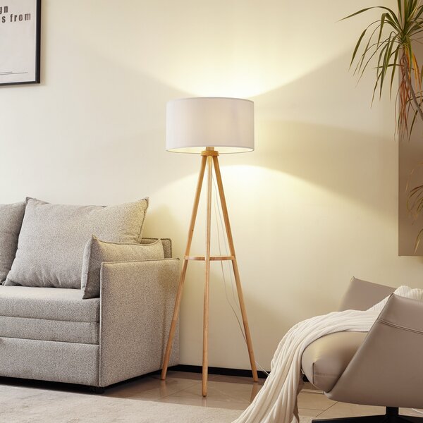 Lindby podna lampa Adamio, Ø 45,5 cm, bijela, tekstil, tronožac, Bijela, Dnevni boravak/blagovaonica, Tkanina / tekstil