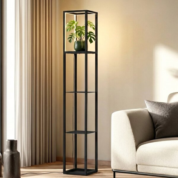 Lindby Birta LED podna lampa, polica, 155 cm, crna, metalna, prigušiva, Crno, Dnevni boravak/blagovaonica, Metal