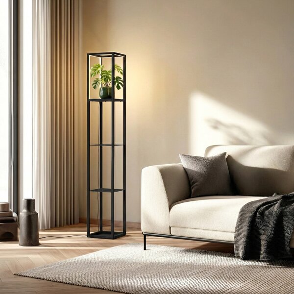 Lindby Birta LED podna lampa, polica, 155 cm, crna, metalna, prigušiva, Crno, Dnevni boravak/blagovaonica, Metal