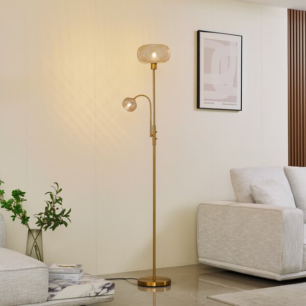 Lindby podna lampa Aliette, zlato/jantar, staklo, svjetlo za čitanje, Zlato / mjed, Dnevni boravak/blagovaonica, Staklo