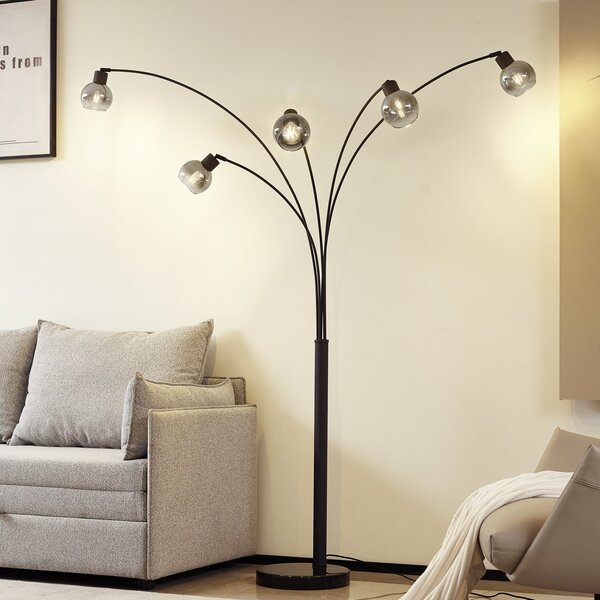 Lindby podna lampa Braccio, sivo/crna, staklo, 5 žarulja, 204,5 cm, Sivo, Dnevni boravak/blagovaonica, Staklo, Stalak kišobran