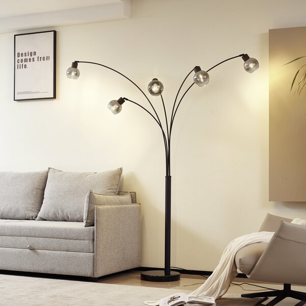 Lindby podna lampa Braccio, sivo/crna, staklo, 5 žarulja, 204,5 cm, Sivo, Dnevni boravak/blagovaonica, Staklo, Stalak kišobran