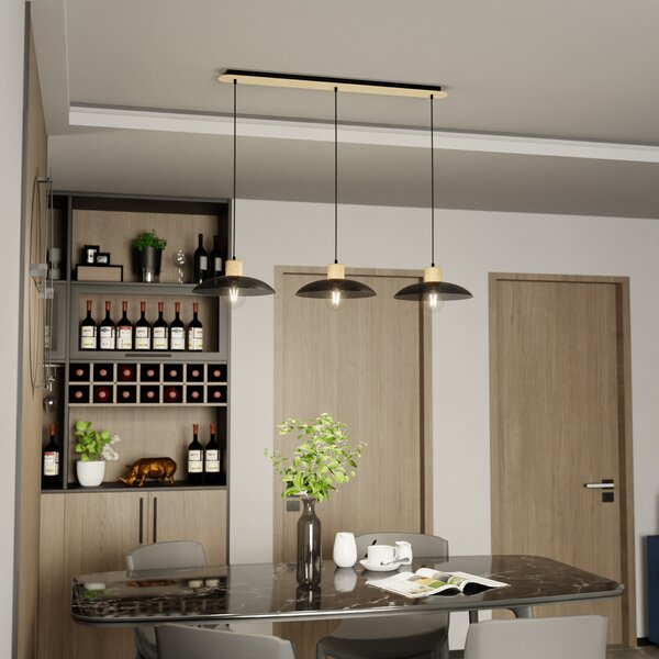 EMIBIG LIGHTING Viseća svjetiljka Kobe, tri žarulje, čelik, drvo, crna, prigušiva, Crno, Dnevni boravak/blagovaonica, Metal