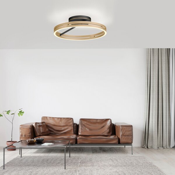 PURE LED stropna svjetiljka Loop mesing/crni metal Ø 60 cm CCT, prigušiva, Zlato / mjed, Dnevni boravak/blagovaonica, Aluminij, Pokrivač okrugli izravno