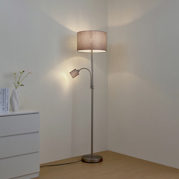 Lindby Jaileen podna lampa, siva, tkanina, 170 cm, svjetiljka za čitanje, Sivo, Dnevni boravak/blagovaonica, Tkanina / tekstil