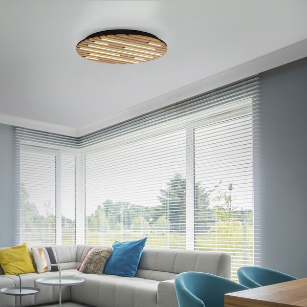 Q-Smart-Home Paul Neuhaus Smart LED stropna svjetiljka Q-Akustik, drvo Ø 60 cm, prigušiva, Drvo, Dnevni boravak/blagovaonica, Drvo