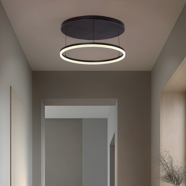 Lucande LED stropna svjetiljka Orven, crna/drvena, Ø50 cm, prigušljiva, prigušiva, Crno, Dnevni boravak/blagovaonica, Metal