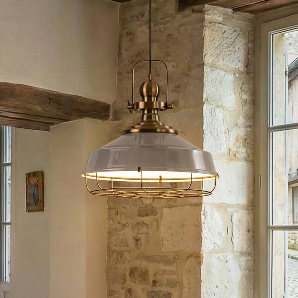 ROYALTECH Viseća lampa Astel, siva, Ø 41 cm, metal, detalj starinski mesing, prigušiva, Sivo, Dnevni boravak/blagovaonica, Metal