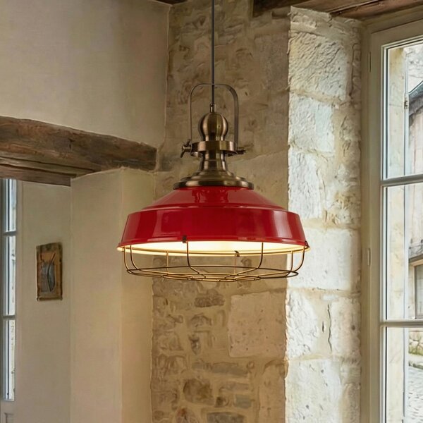 ROYALTECH Viseća lampa Astel, crvena, Ø 41 cm, metal, detalj starinski mesing, prigušiva, Crvena, Dnevni boravak/blagovaonica, Metal