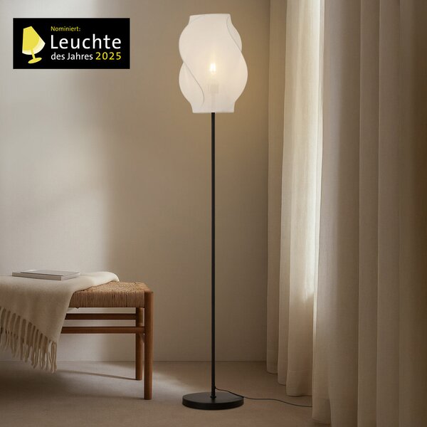 Lucande podna lampa Tovina, tekstil, bijela, visina 165 cm, Bijela, Dnevni boravak/blagovaonica, Tkanina / tekstil