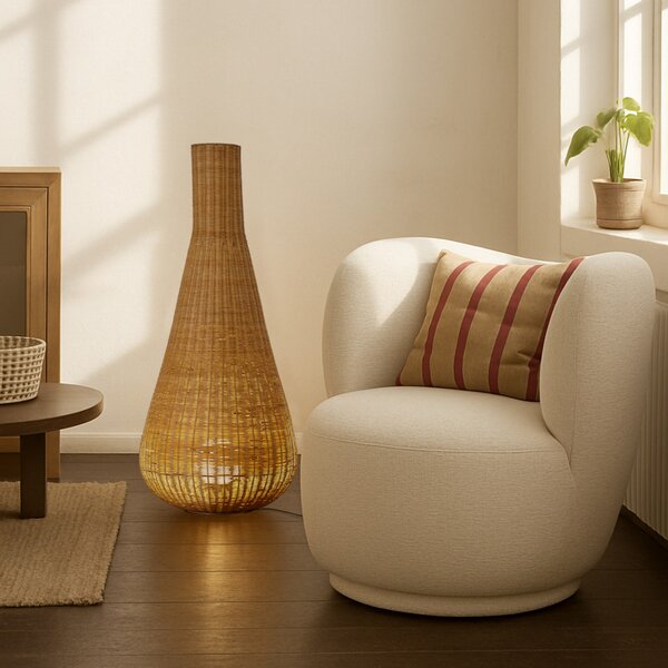 Lucande Takeo podna lampa, ratan, visina 115 cm, E27, Drvo, Dnevni boravak/blagovaonica, Drvo