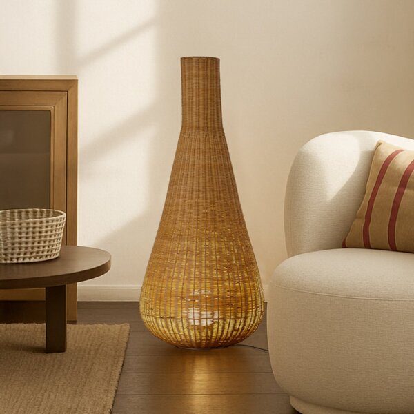 Lucande Takeo podna lampa, ratan, visina 115 cm, E27, Drvo, Dnevni boravak/blagovaonica, Drvo