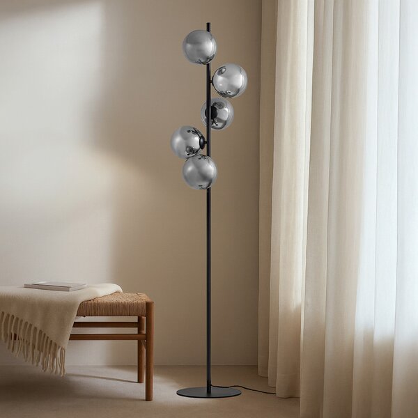 Lindby podna lampa Orbelia, crna, 5 žarulja, staklo, Crno, Dnevni boravak/blagovaonica, Staklo