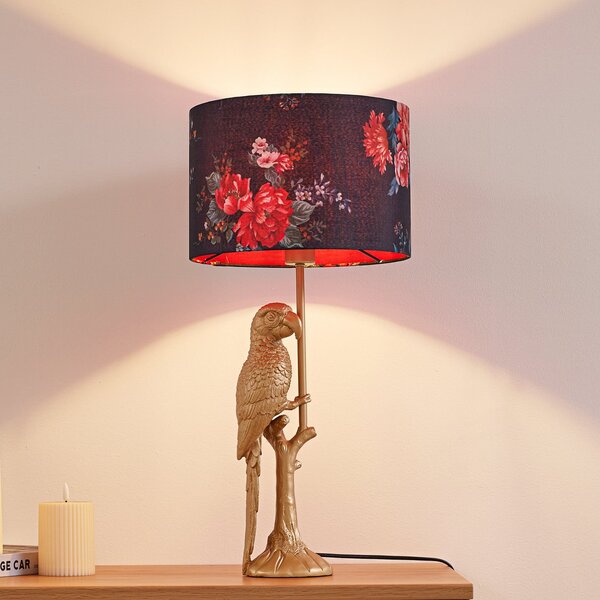 Lindby Marula stolna lampa, zlatna, cvjetni uzorak, tkanina, E27, Zlato / mjed, Dnevni boravak/blagovaonica, Tkanina / tekstil