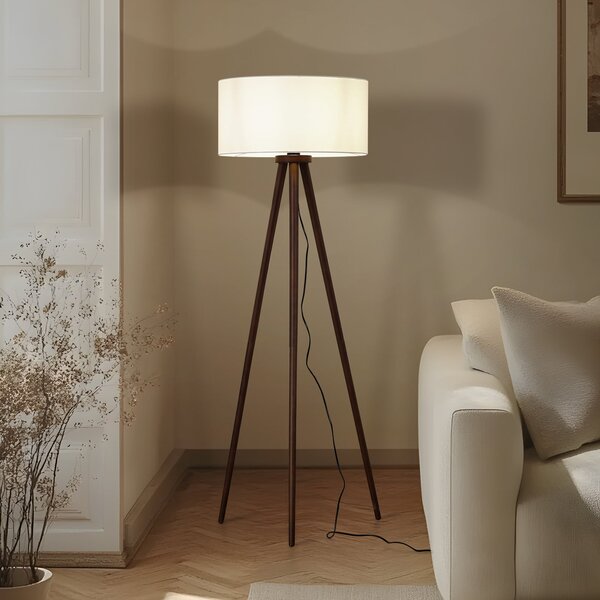 Lindby podna lampa Charlia, bijela, orahovo drvo, visina 150 cm, Drvo, Dnevni boravak/blagovaonica, Tkanina / tekstil, tronožac