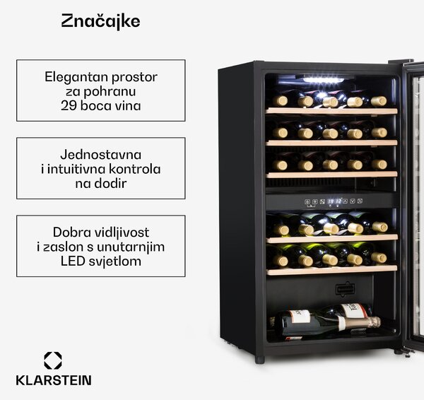 Klarstein Vinamour 29D, vinoteka, 2 zone, 80 l, 29 boca, 5 - 22 ° C, zaslon osjetljiv na dodir