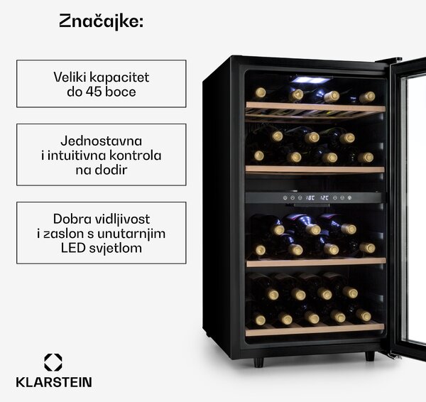 Klarstein Vinamour 45D, vinoteka, 2 zone, 118 litara / 45 boca, 5 - 18 ° C, nehrđajući čelik