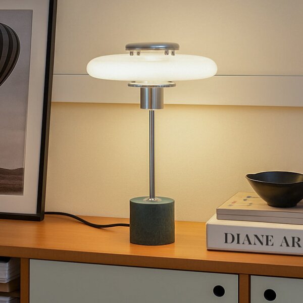 Lindby stolna lampa Branford, Retro, bijelo/zeleno opalno staklo/mramor, Bijela, Dnevni boravak/blagovaonica, Staklo