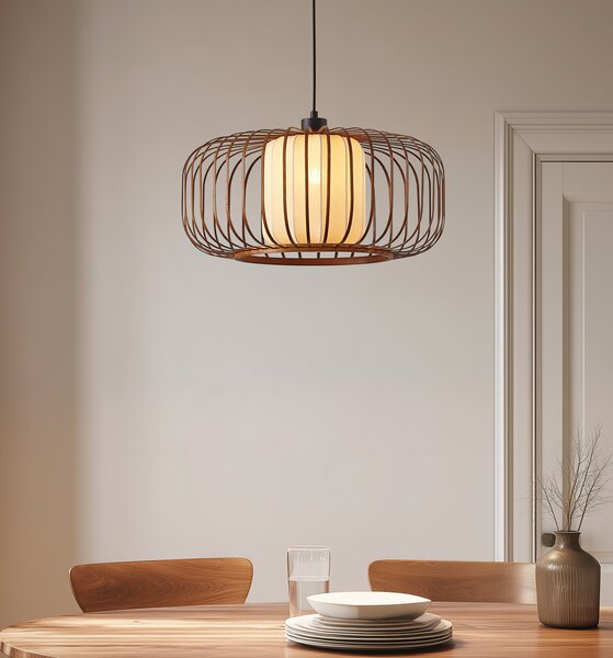 Lindby Davella viseća lampa, Ø 50 cm, bambus, tekstil, prigušiva, Drvo, Dnevni boravak/blagovaonica, Bambus
