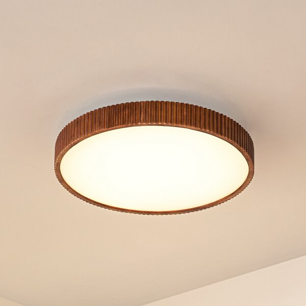 Lindby LED stropna svjetiljka Velua, bijela/tamno drvo, CCT, Ø 50 cm, prigušiva, Drvo, Dnevni boravak/blagovaonica, Drvo