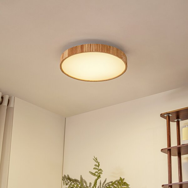 Lindby LED stropna svjetiljka Velua, bijela/svijetlo drvo, CCT, Ø 50 cm, prigušiva, Drvo, Dnevni boravak/blagovaonica, Drvo
