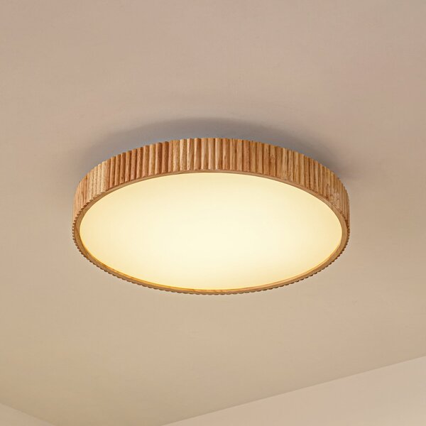 Lindby LED stropna svjetiljka Velua, bijela/svijetlo drvo, CCT, Ø 50 cm, prigušiva, Drvo, Dnevni boravak/blagovaonica, Drvo