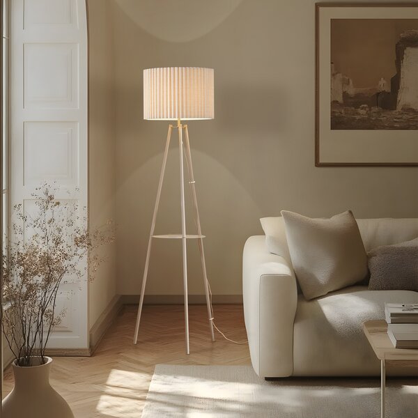 Lindby podna lampa s tronožcem Libbie, 155 cm, lanena, krem boje, Bež, Dnevni boravak/blagovaonica, Tkanina / tekstil