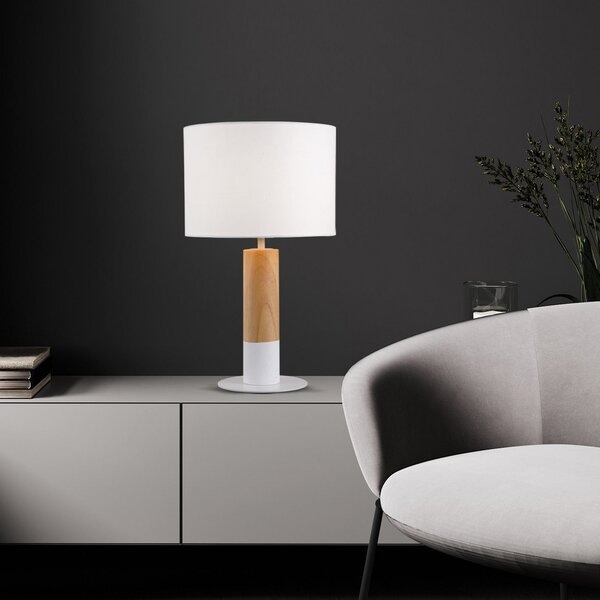 Viokef Stolna lampa Carroll, svijetlo drvo/bijela, visina 43 cm, tkanina, Bijela, Dnevni boravak/blagovaonica, Tkanina / tekstil