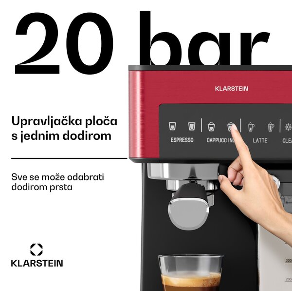 Klarstein aparat za kavu 1,8 L s pjenilicom za mlijeko, aparat za kavu s polugom 20 bara, mali aparat za mljevenu kavu snage 1350 W, aparat za kavu barista za ice cafe cappuccino latte espresso