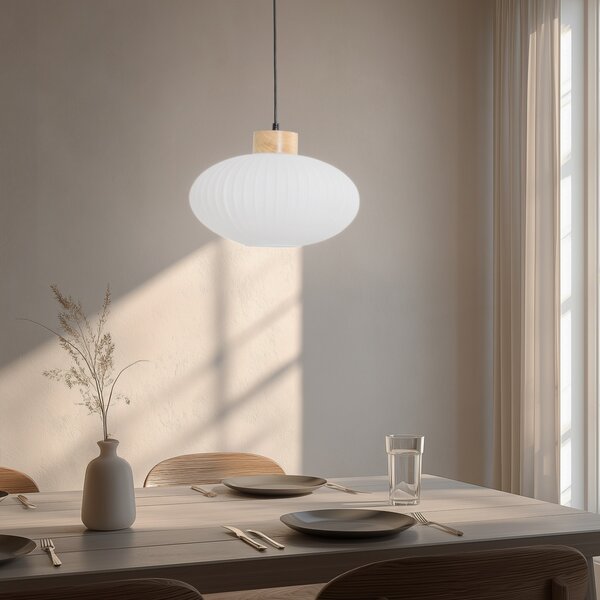 Lamkur Viseća lampa Harmony, Ø 25 cm, bijela/hrast, staklo/drvo, prigušiva, Bijela, Dnevni boravak/blagovaonica, Staklo