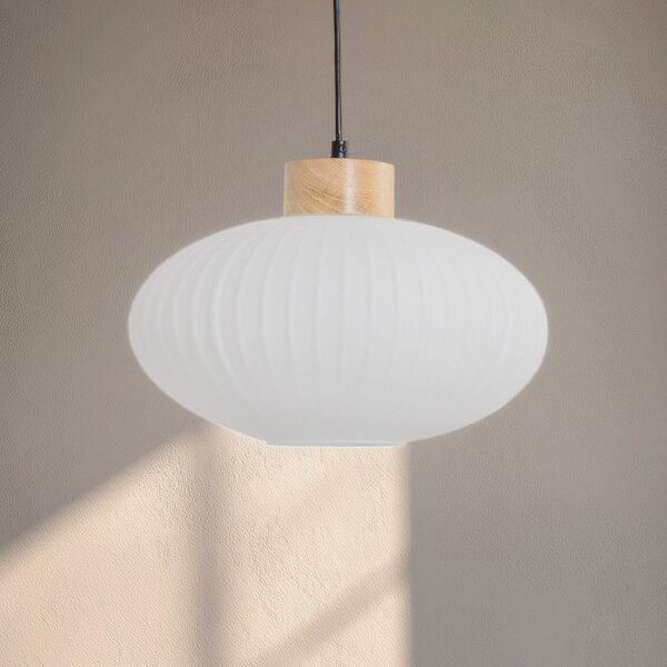Lamkur Viseća lampa Harmony, Ø 25 cm, bijela/hrast, staklo/drvo, prigušiva, Bijela, Dnevni boravak/blagovaonica, Staklo