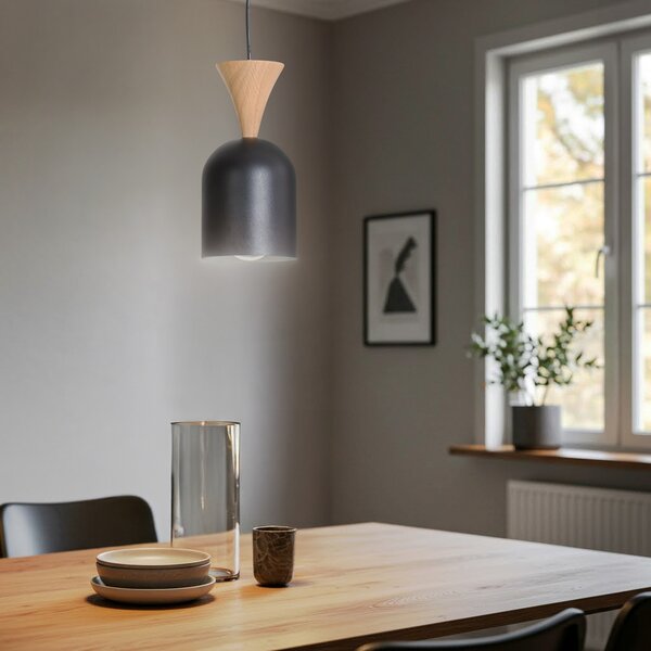 Lamkur Nolan viseća lampa, Ø 11 cm, crna/hrast, metal/drvo, prigušiva, Crno, Dnevni boravak/blagovaonica, Metal