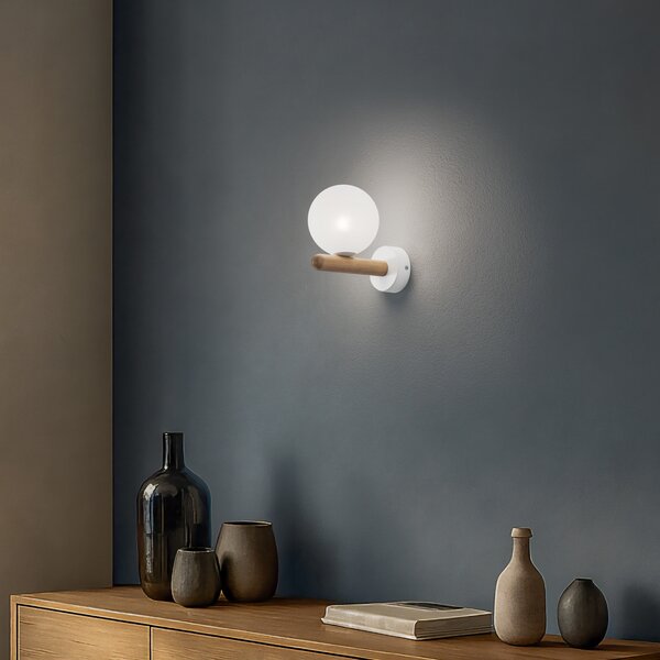 TK Lighting Zidna svjetiljka Estera, bijela/boja drveta, staklo, G9, prigušiva, Bijela, Dnevni boravak/blagovaonica, Staklo