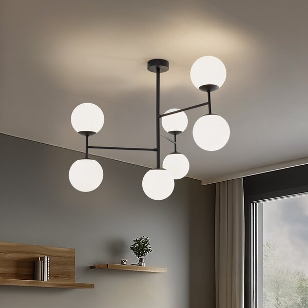 Domiluce Korek stropna lampa, crno/bijela, staklo, 75 cm, 7 žarulja, E14, prigušiva, Bijela, Dnevni boravak/blagovaonica, Staklo