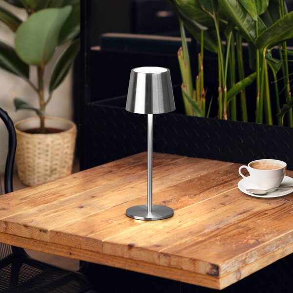FH Lighting LED stolna lampa na baterije Roxi, boja nikla, metalna, IP54, s prigušivačem, prigušiva, Metalik, Dnevni boravak/blagovaonica, Metal