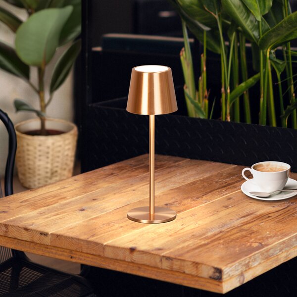 FH Lighting LED stolna lampa na baterije Roxi, bakrena boja, metalna, IP54, s prigušivačem, prigušiva, Bakar, Dnevni boravak/blagovaonica, Metal