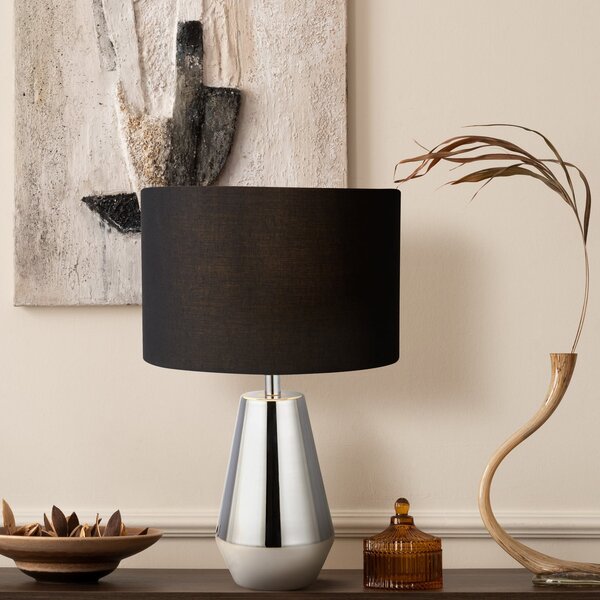 Searchlight Stolna lampa Laynie, siva/crna, metal/tekstil, 24 cm, E14, Metalik, Dnevni boravak/blagovaonica, Tkanina / tekstil