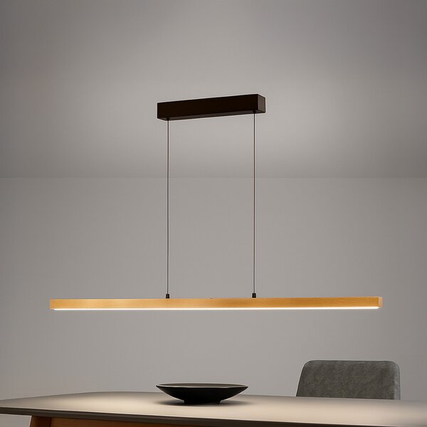 FISCHER & HONSEL LED viseća svjetiljka Shine-Wood, duljina 141 cm, hrast/crni CCT, prigušiva, Drvo, Dnevni boravak/blagovaonica, Drvo