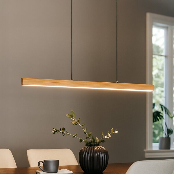 FISCHER & HONSEL LED viseća svjetiljka Shine-Wood, duljina 105 cm, boja hrasta/nikla, prigušiva, Drvo, Dnevni boravak/blagovaonica, Drvo