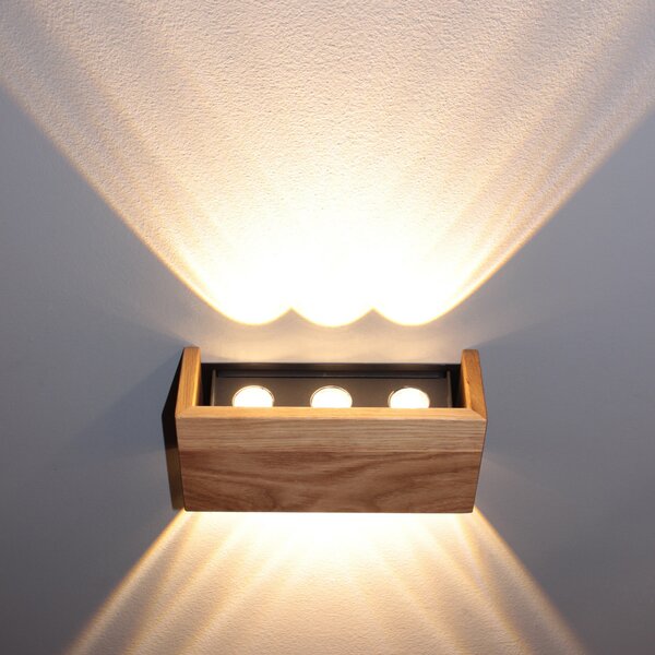 FISCHER & HONSEL LED zidna lampa Shine-Wood, širina 21 cm, hrast/crna, drvo, Drvo, Dnevni boravak/blagovaonica, Drvo