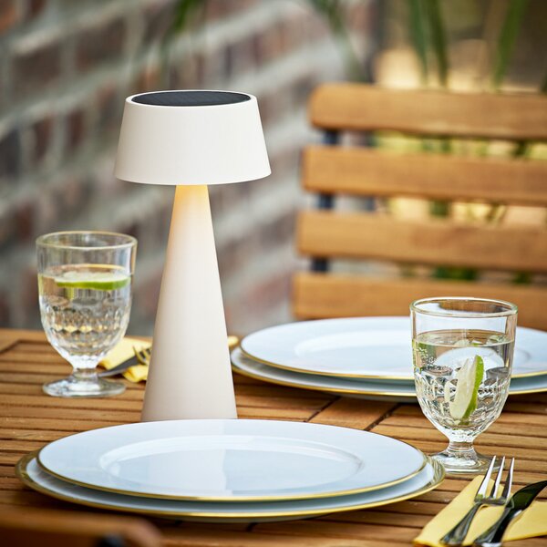 Sigor LED stolna lampa na baterije Solino, bež, solarna/USB, 26 cm, IP44, prigušiva, Bež, Dnevni boravak/blagovaonica, Aluminij