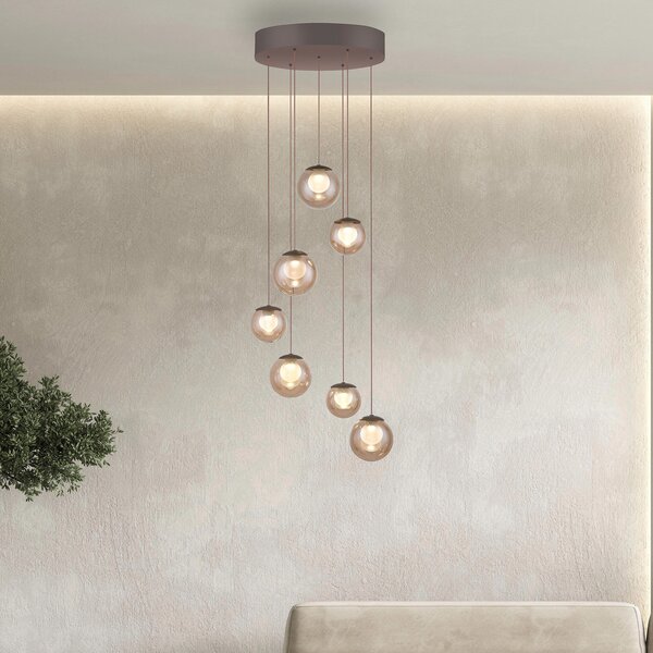 PURE Popup LED viseća svjetiljka, bronca/jantar, Ø 40 cm, 7 svjetala, prigušiva, Bronca / stari mesing, Dnevni boravak/blagovaonica, Staklo