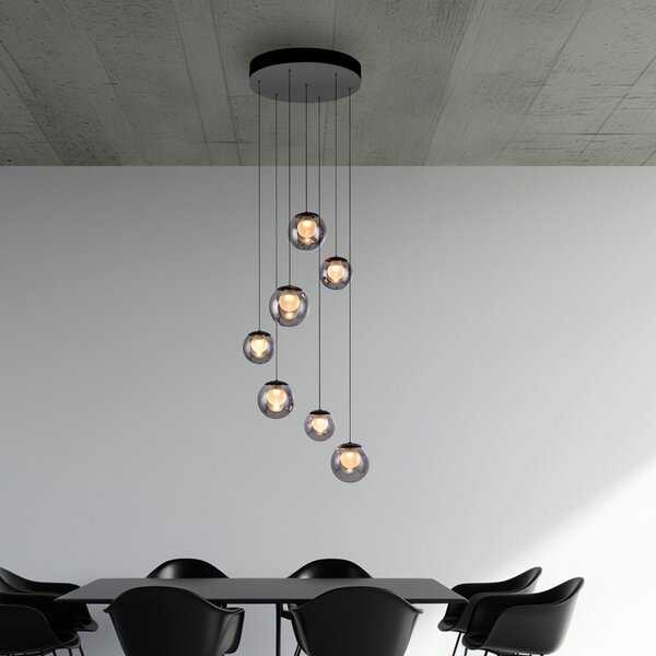 PURE Popup LED viseća svjetiljka, siva/dimno siva, Ø 40 cm, 7 svjetala, prigušiva, Sivo, Dnevni boravak/blagovaonica, Staklo