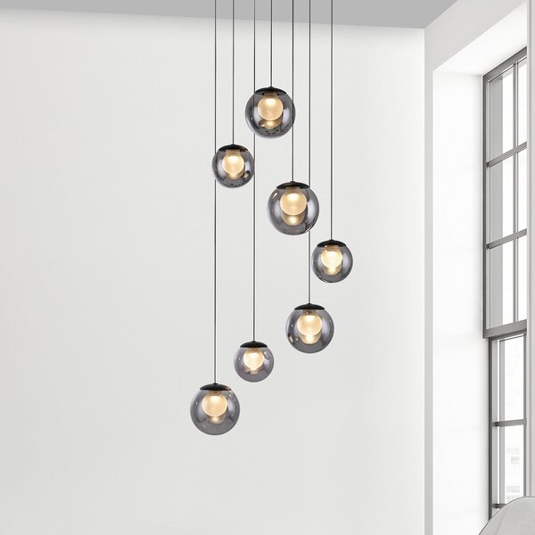 PURE Popup LED viseća svjetiljka, siva/dimno siva, Ø 40 cm, 7 svjetala, prigušiva, Sivo, Dnevni boravak/blagovaonica, Staklo