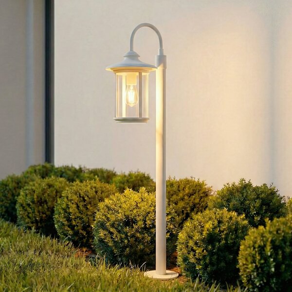 Lindby Zayn svjetiljka za stazu, bijela, staklo, visina 109 cm, IP65, prigušiva, Bijela, Aluminij, fenjer