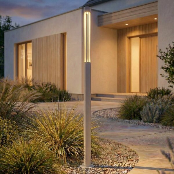 Lindby LED svjetiljka za stazu Fjorya, visina 90 cm, kameno siva, IP65, Sivo, Aluminij