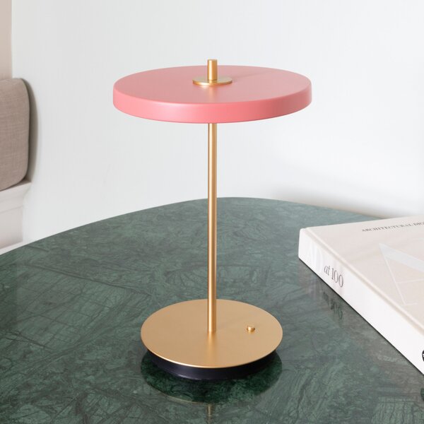 UMAGE LED stolna lampa na baterije Asteria Move, ružičasta/mesingana, 31 cm, prigušiva, Ružičasta ruža, Dnevni boravak/blagovaonica, Metal